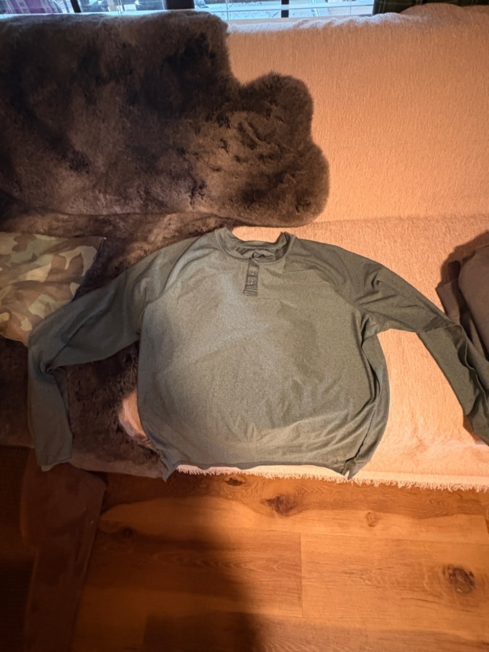 TLF apparel Long Sleeve Henley Tee in Olive Green. Soft material work out shirt.